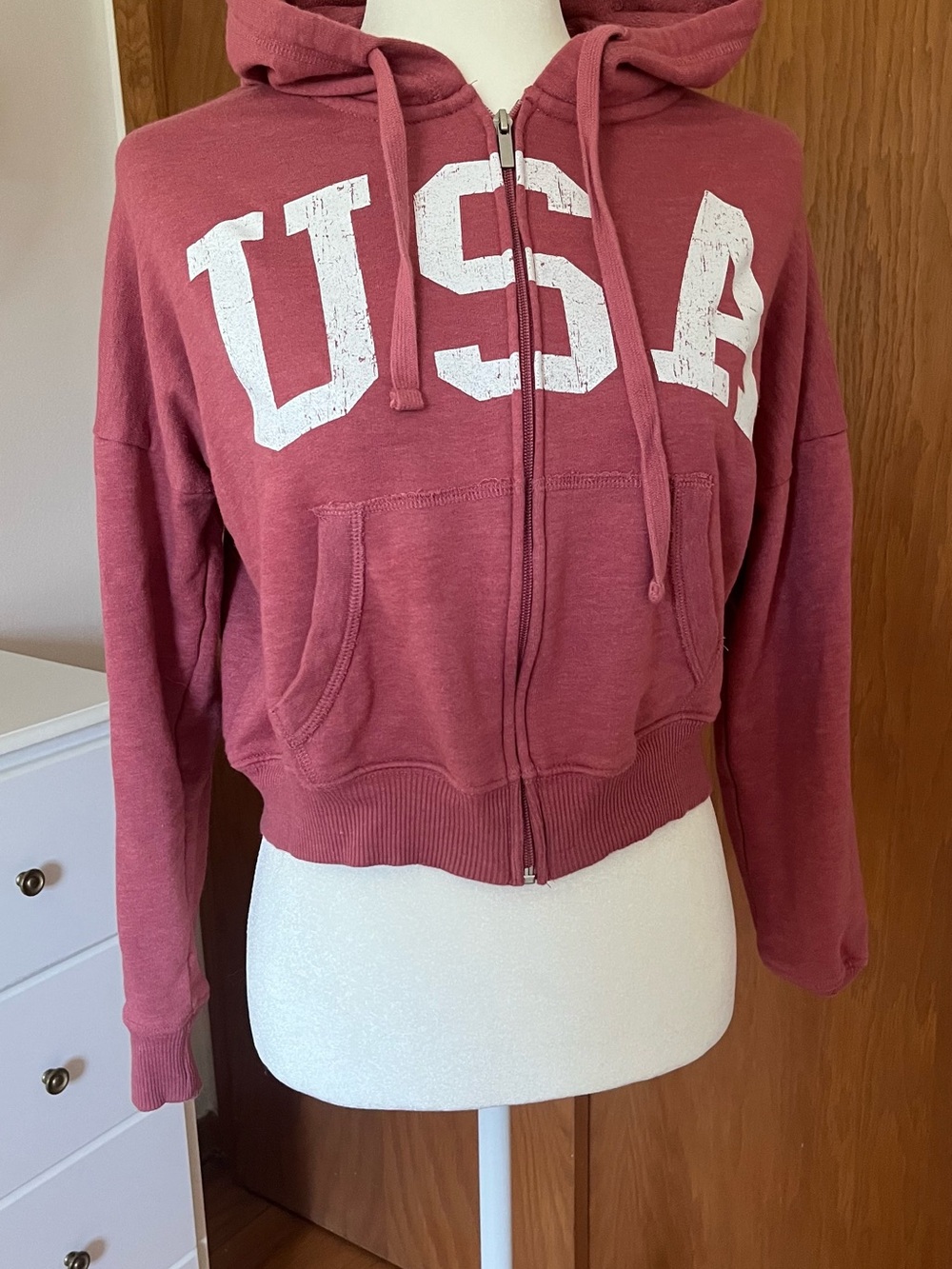 USA red cropped zip up hoodie sweatshirt xs